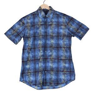 Bugatchi Uomo Men's Blue Plaid Short Sleeve Shirt Modern Fit Paint-Print Fits S